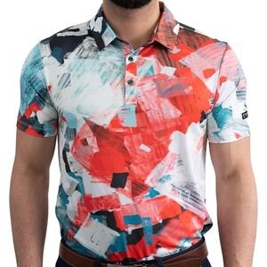 Yatta Golf Mens Abstract Brushstroke Performance Polo Shirt Red White Size M
